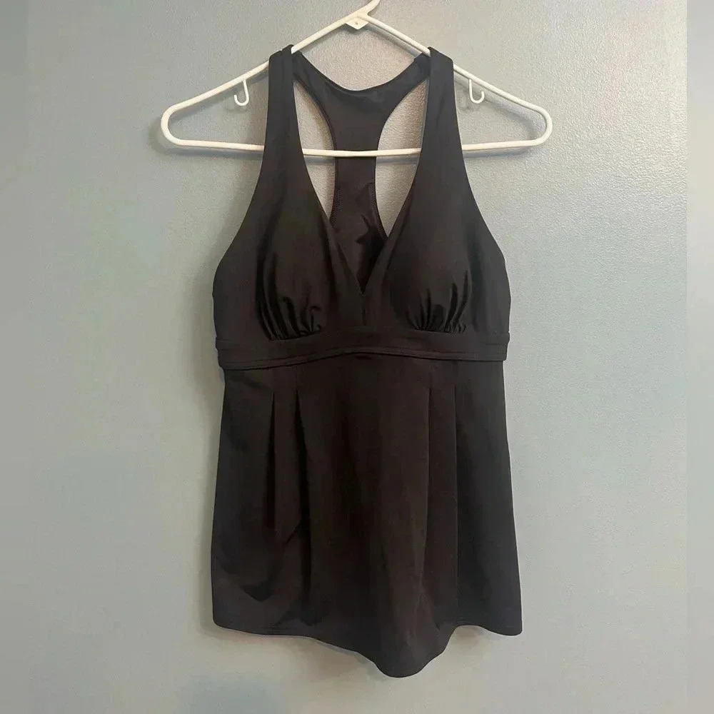 Lands End Women’s Swim Top Tankini Racerback Black Size 6 Padded Pleated V-Neck